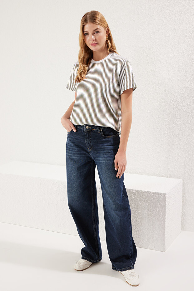 Haki Ekru Çizgili Kalın Pamuklu Basic Regular/Normal Kalıp Örme T-Shirt TWOSS23TS00043 - 2