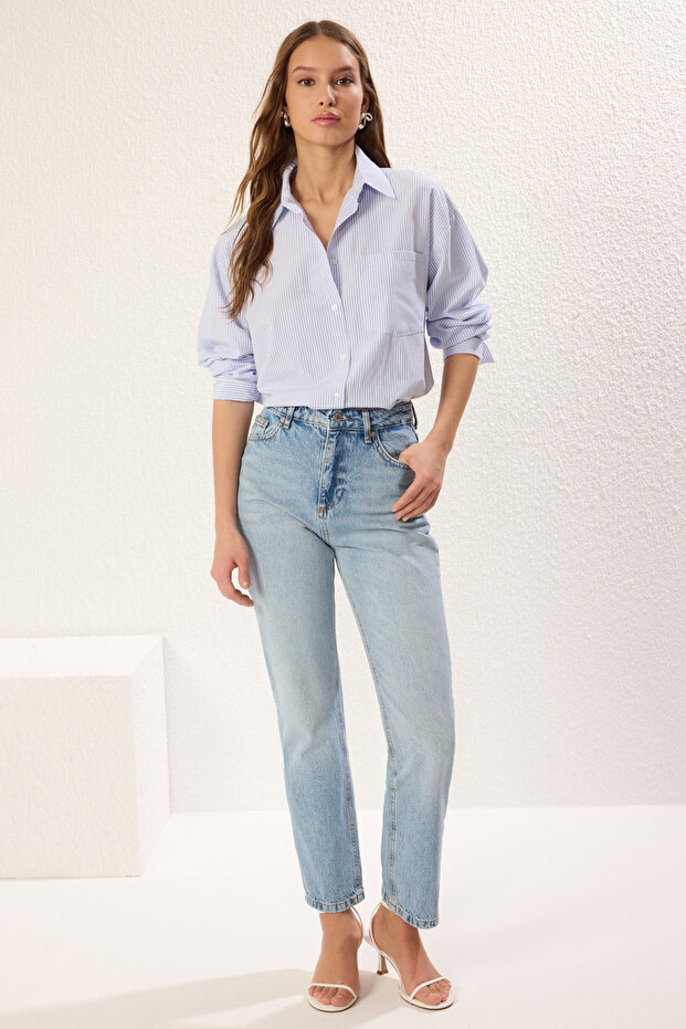Mavi Yüksek Bel Düz Kesim Straight %100 Pamuk Non-Stretch Jeans TWOSS23JE00089 - 1