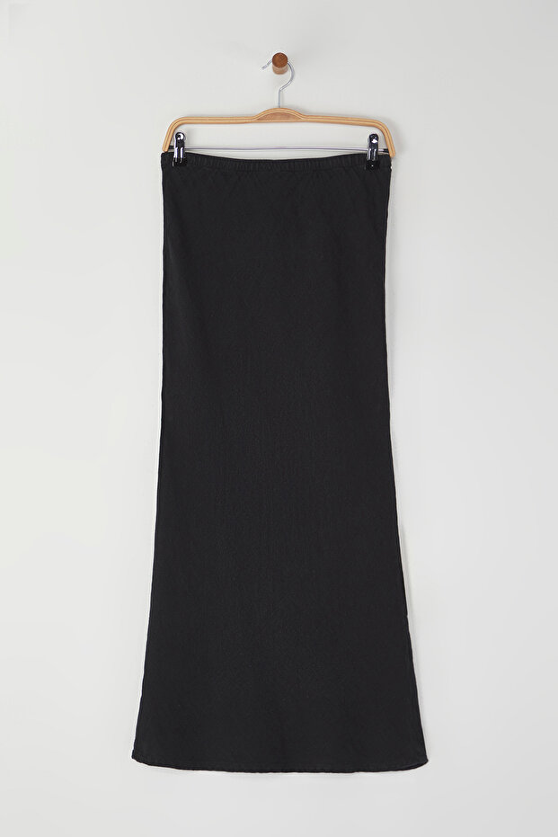 Siyah %100 Keten Beli Lastikli Yüksek Bel Midi Etek TWOSS24ET00152 - 5