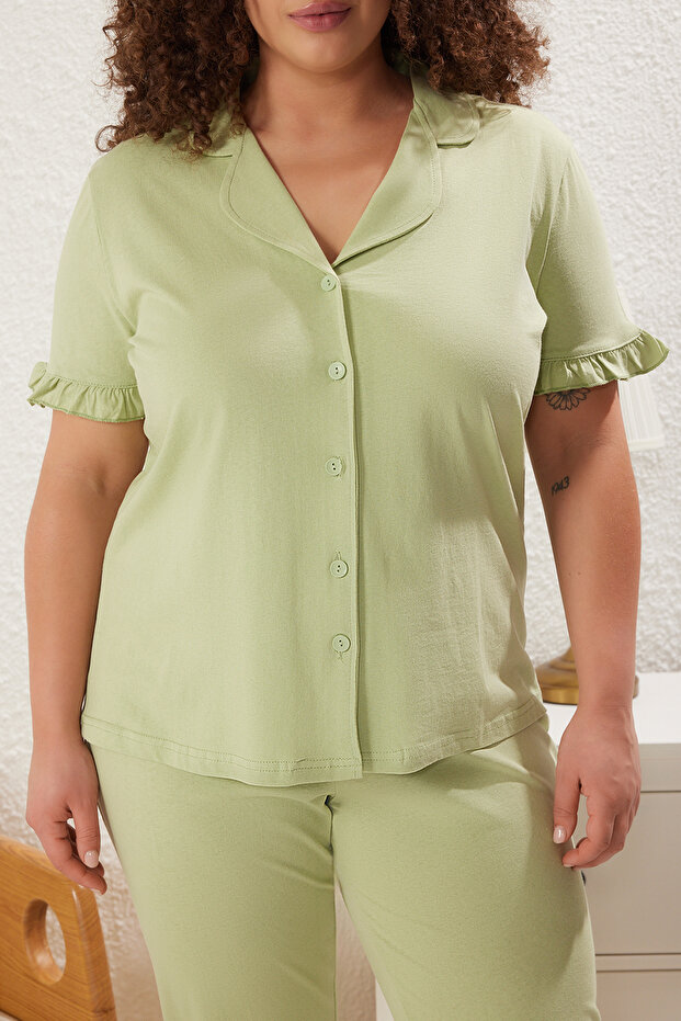 Mint Kolları Fırfırlı Gömlek Yaka Örme Pijama Takımı TBBSS25AI00001 - 3