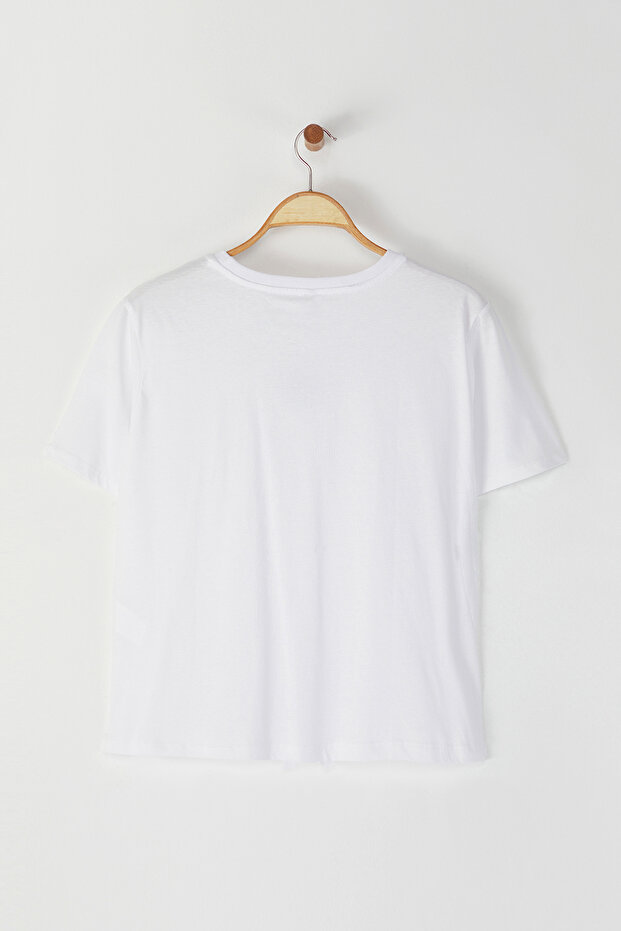 Beyaz %100 Pamuk Nakışlı Crop Bisiklet Yaka Örme T-Shirt TBBSS25BF00015 - 8