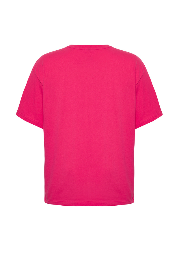 Pembe Geniş Kalıp Bisiklet Yaka Baskılı %100 Pamuk Örme T-shirt TBBSS23AH00131 - 10