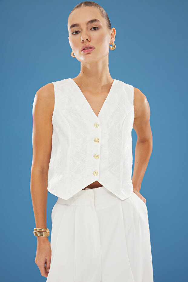 Beyaz Fitted V Yaka Brode/Dantel Crop Dokuma Yelek TWOSS25YE00040 - 2