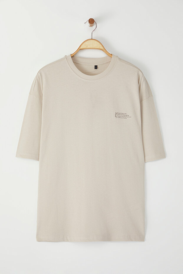 Taş Oversize %100 Pamuklu Bisiklet Yaka Minimal Yazı Baskılı Tok Kumaş T-shirt TMNSS23TS00084 - 7