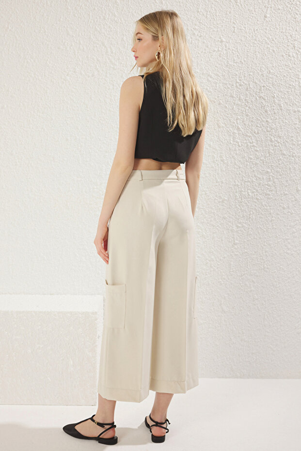 Ekru Yanları Cep Detaylı Yüksek Bel Wide Leg/Geniş Paça Dokuma Pantolon TWOSS25PL00069 - 6