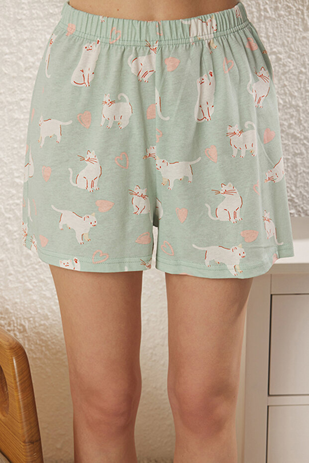 Yeşil %100 Pamuklu Kedili ve Kalpli Şortlu Örme Pijama Takımı THMSS25PT00240 - 4