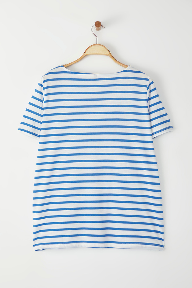 Beyaz-Mavi Çizgili Kayık Yaka Örme T-shirt TBBSS23BF00018 - 7