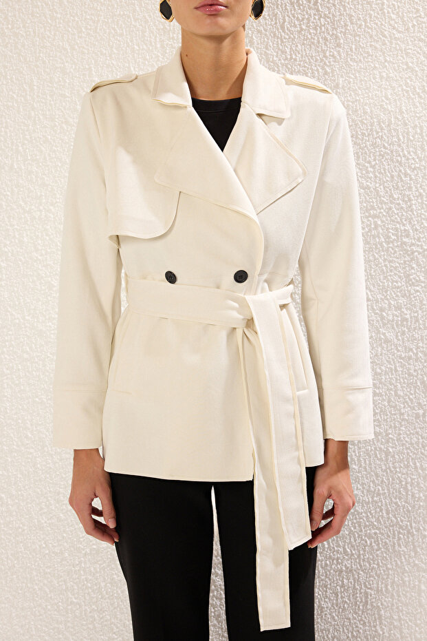 Ekru Kruvaze Süet Oversize Midi Trençkot TWOSS25TR00001 - 3