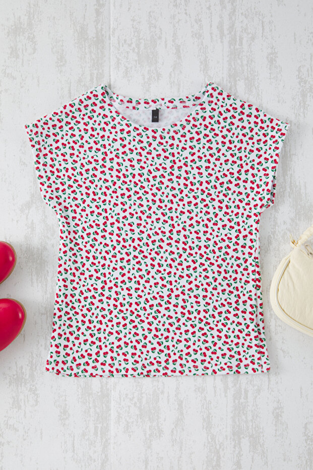 Çok Renkli Kız Çocuk Pamuklu Kiraz Desenli Regular/Normal Kalıp Ay Kol Örme T-Shirt TKDSS25TS00073 - 1