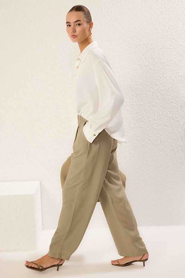 Haki Keten Görünümlü Wide Leg/Geniş Paça Dokuma Pantolon TWOSS25PL00084 - 2