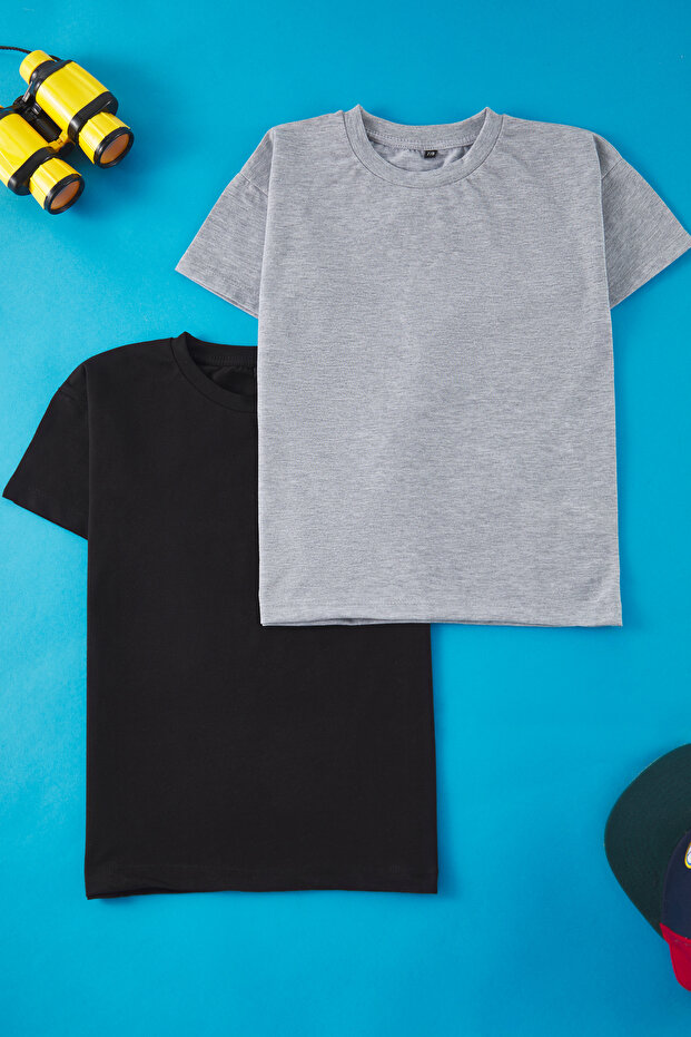 Siyah-Gri 2'li Erkek Çocuk Pamuklu Basic Oversize/Geniş Kalıp Örme T-Shirt TKDSS25TS00052 - 2