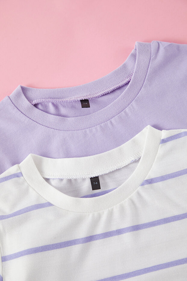 Lila-Ekru 2'li Kız Çocuk Regular/Normal Kalıp Kısa Kol Örme T-Shirt TKDSS25TS00028 - 2