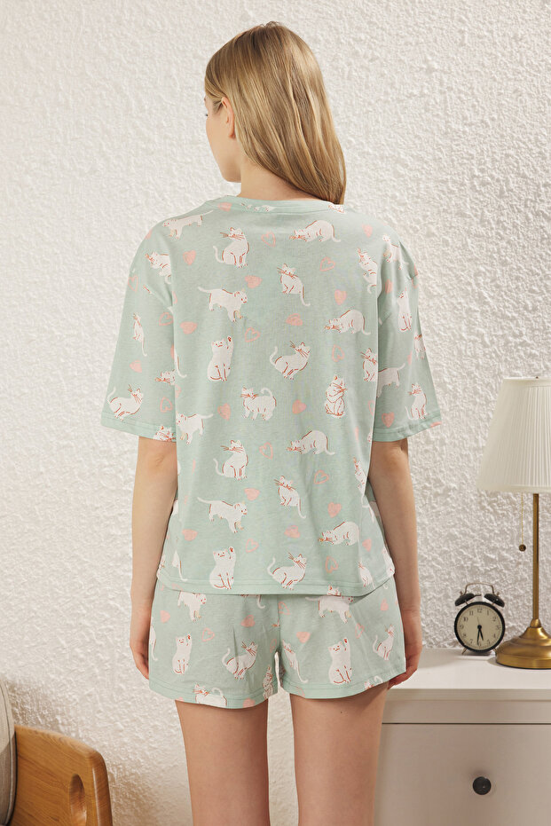 Yeşil %100 Pamuklu Kedili ve Kalpli Şortlu Örme Pijama Takımı THMSS25PT00240 - 5