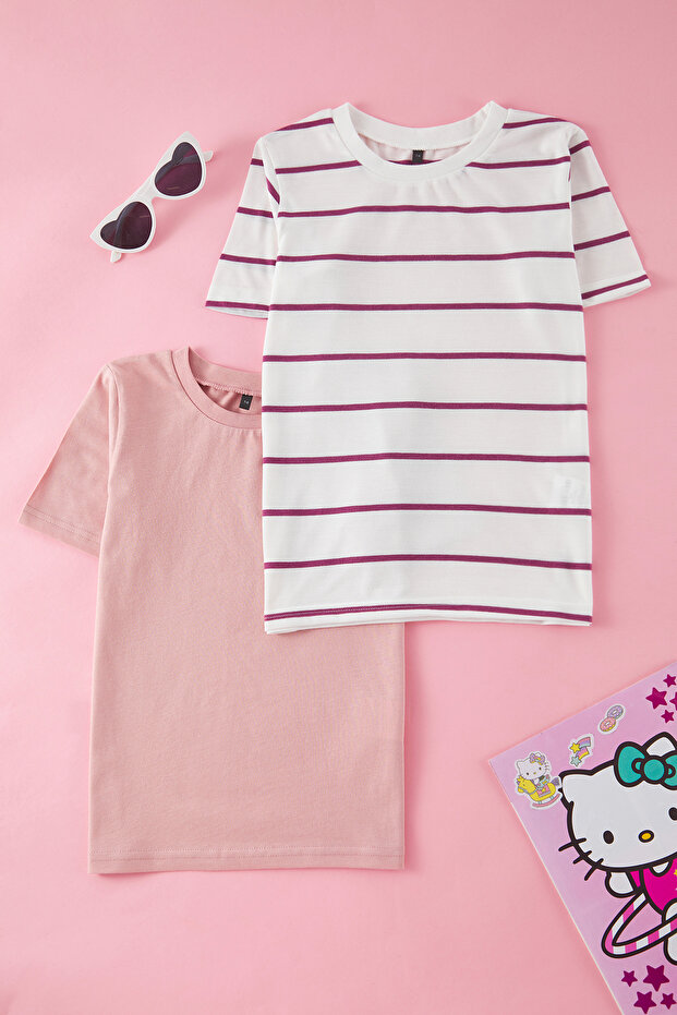 Pudra-Ekru 2'li Kız Çocuk %100 Pamuk Regular/Normal Kalıp Kısa Kol Örme T-Shirt TKDSS25TS00028 - 1