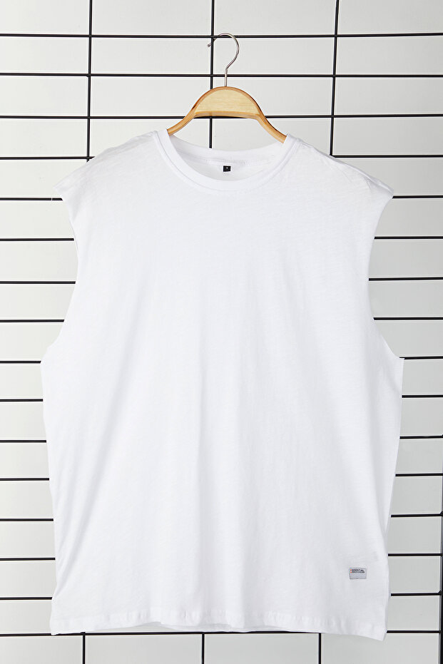 Beyaz Oversize/Geniş Kesim Basic Etiketli %100 Pamuk Kolsuz T-shirt/Atlet - 3