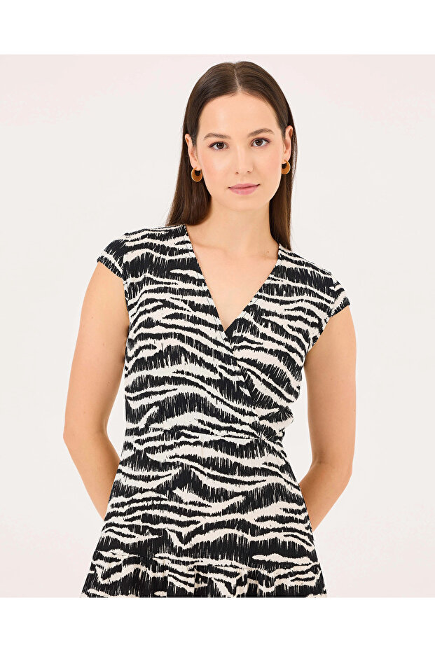 Kruvaze Yaka Elastik Bel Elbise - 6