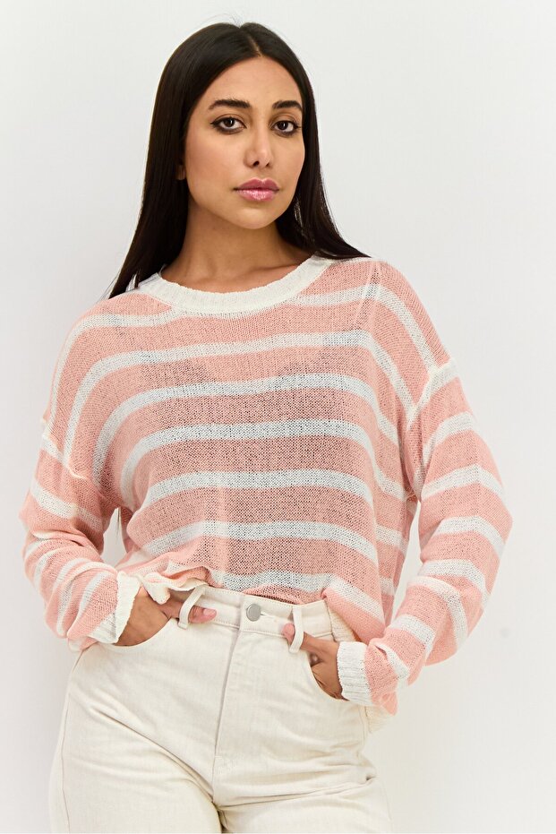Women Round Neck Long Sleeves Stripe Sweater, Pink