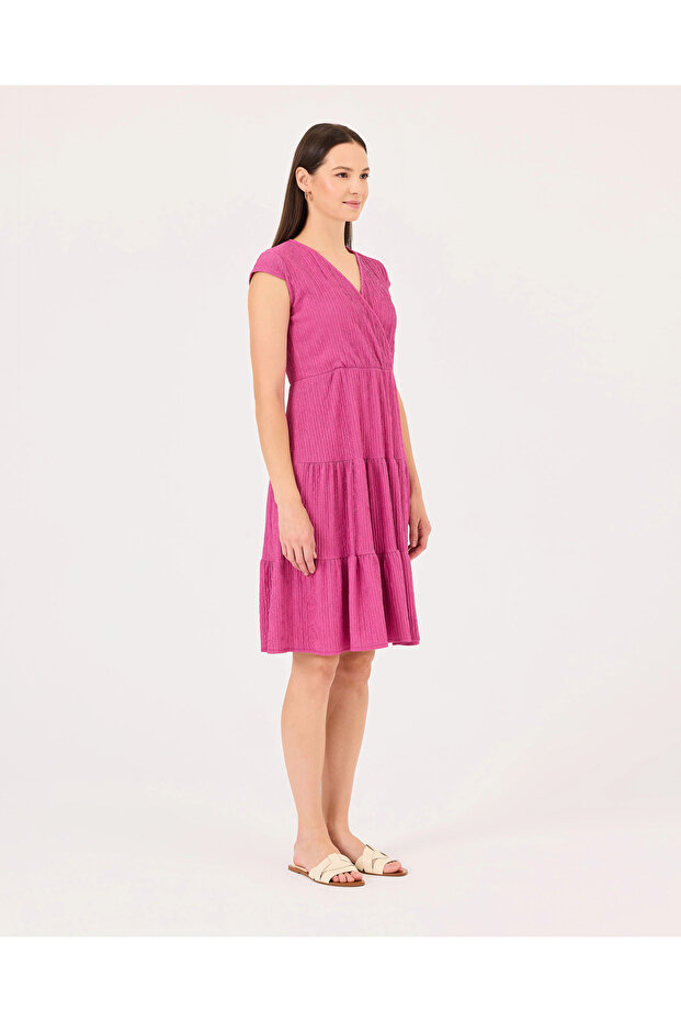 Kruvaze Yaka Elastik Bel Elbise - 2