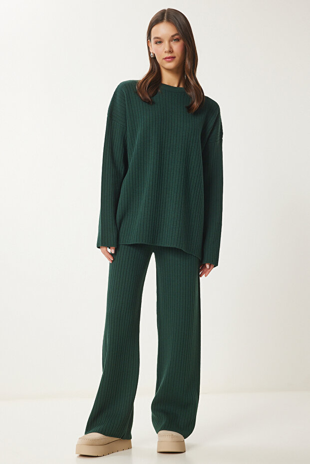 Ribbed Knitwear Sweater Pants Set Emerald Green Lpf0091