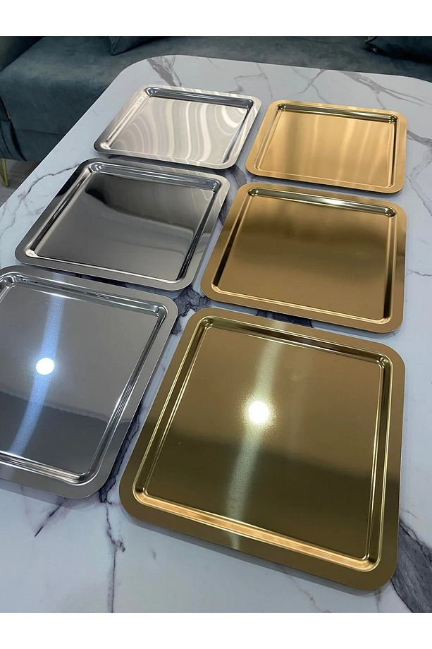 3 Adet Gümüş Ve 3 Adet Gold Kare Sunum-Kahve Tepsisi - 3