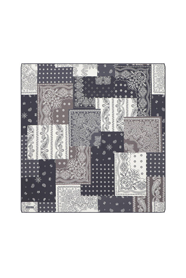 Anthracite Patchwork Pattern Twill Silk Scarf - 1