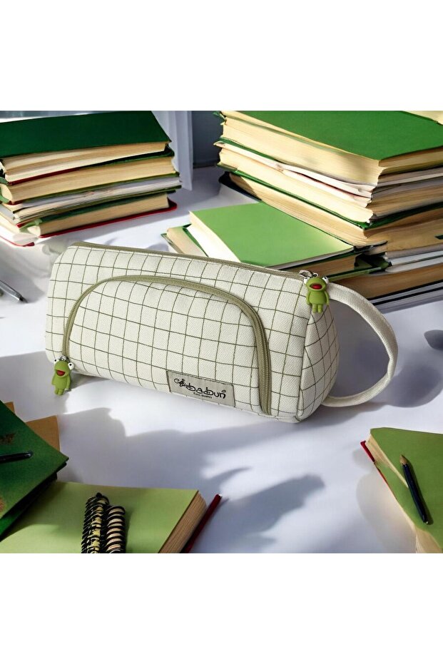 Ilgaz Green Checkered Large Wide Organic Canvas Cotton Cloth Fabric Pencil Case Pen Holder Makeup Bag