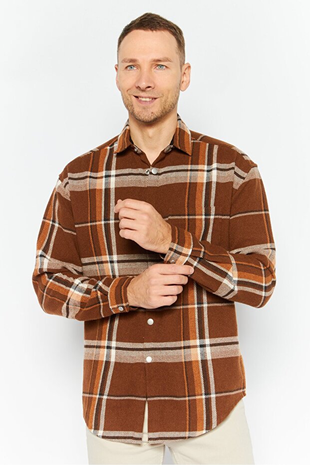 Men Plaid Jacket Shirt, Brown