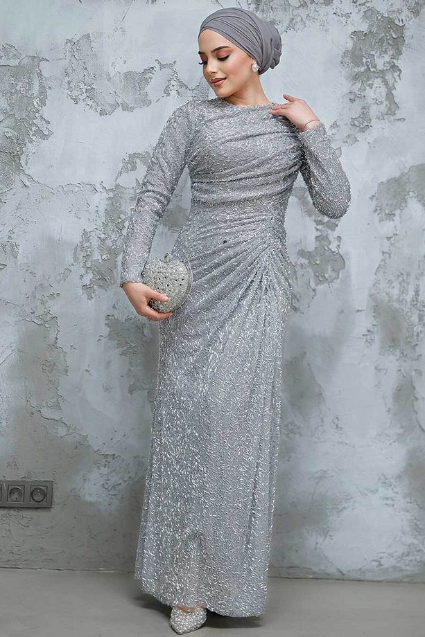 Boncuk Işlemeli Gri Tesettür Abiye Elbise 50341gr - 4