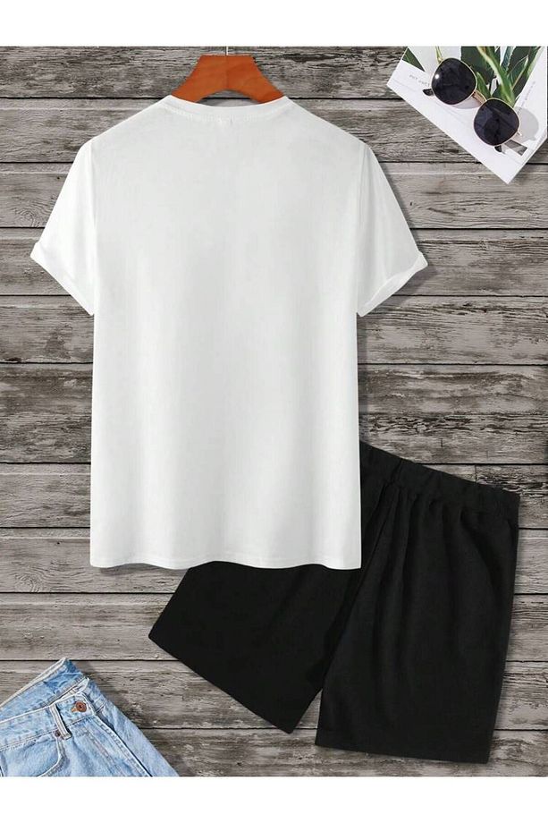 Unisex Smile Minimal Tasarım Baskılı Oversize Alt Üst Şort T-shirt Ve Şort Takım - 2