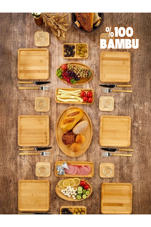 Bambu 19 Parça 6 Kişilik Doğa Serisi Kahvaltı Seti,kahvaltı Takımı,sunum Servis Set Pasta Tabak - 1