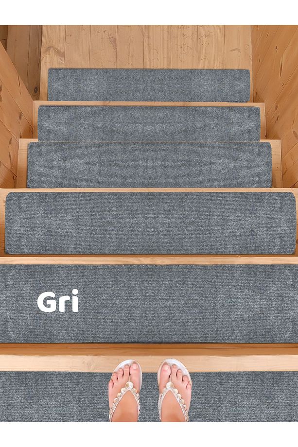 Merdiven Halısı Basamak Halısı Keçe Kaymaz Taban Yapışkanlı Halıfleks Gri 1li 20x75 Cm - 1