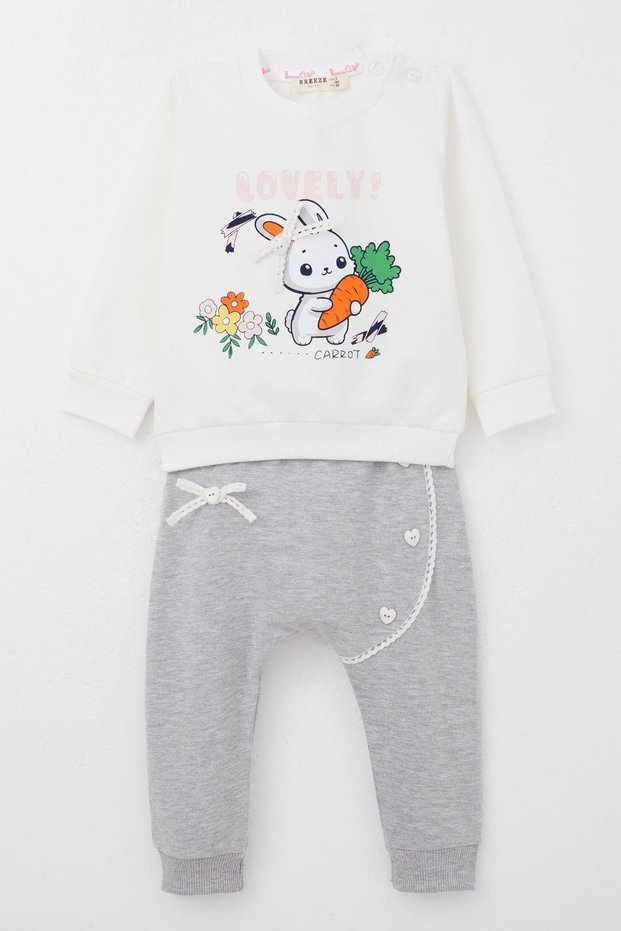 6-2 Years Old Baby Girl Tracksuit Set - Cute Carrot and Bunny Printed, Ecru