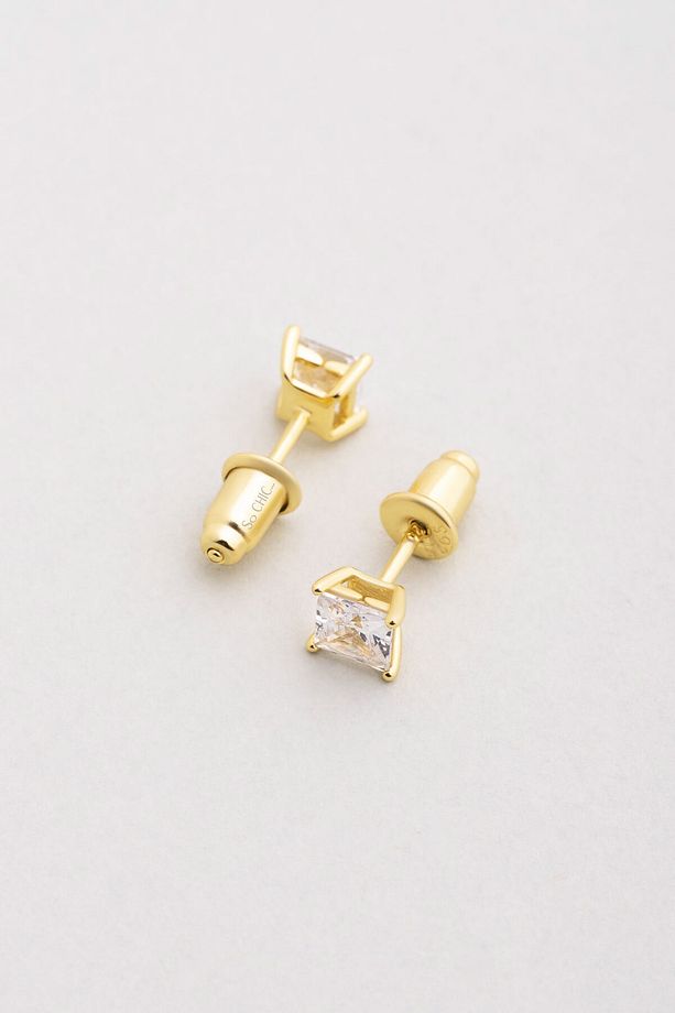 Minimal 18 Ayar Sarı Altın Kaplama 4 Mm Gümüş Tek Taş Küpe - 1