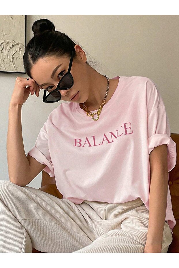 Women's Pink Balance Written Oversize T-Shirt