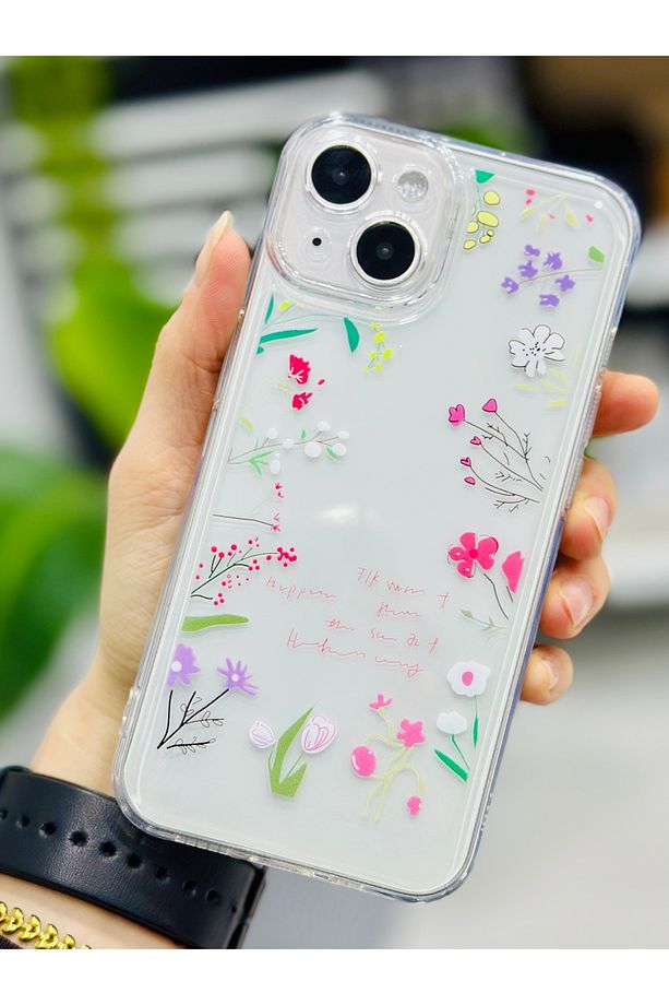 Iphone 14 Plus ve 15 Plus Uyumlu Kenar Çiçekler Şeffaf Baskı Desenli Silikon Kılıf - 3