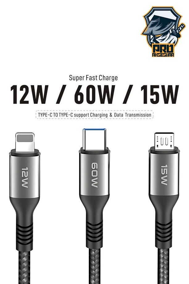 60W Type-C Süper Fast PD Şarj Kablosu 3in1 iPhone Samsung Xiaomi Hızlı Şarj Data USB Kablo Kopmayan - 2