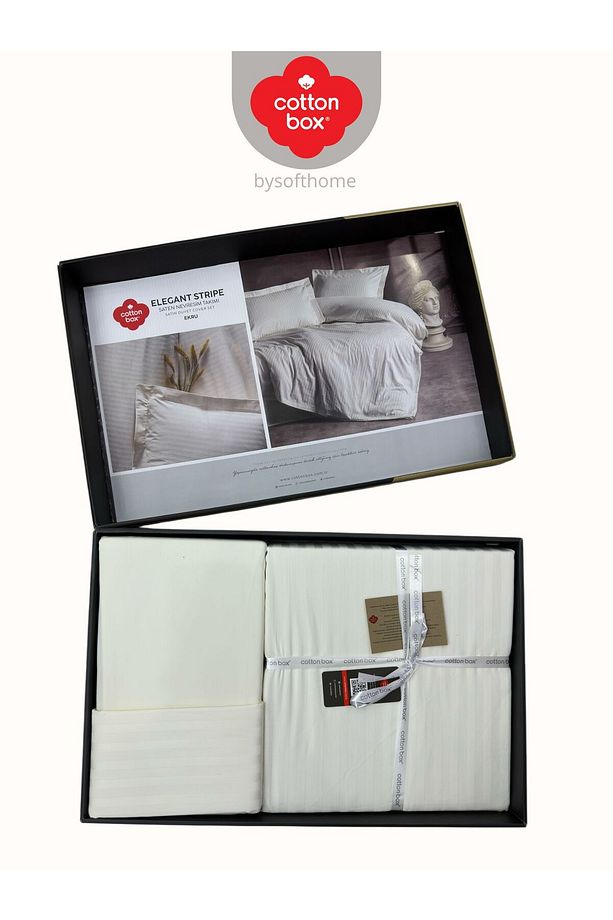 Elegant Stripe Ekru Çift Kişilik Pamuk Saten Nevresim Takımı - 6