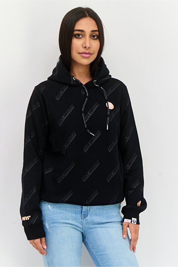 Women Allover Print Hooded Sweatshirt, Black