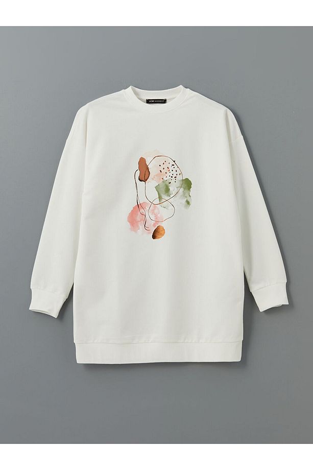 LCW Modest Bisiklet Yaka Baskılı Oversize Kadın Sweatshirt Tunik - 5
