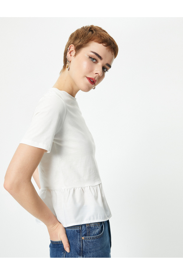 Short Sleeve Ruffle T-Shirt - Crew Neck Cotton