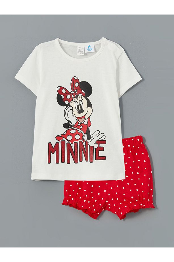 LCW baby Ekru Minnie Mouse Baskılı Kız Bebek Şortlu Pijama Takımı - 1