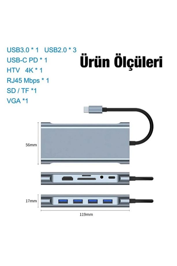 11in1 Type-c to Usb Hdmı 4xUsb Rj45 Hdmi Vga Sd Tf Card Çevirici Adaptör - 4