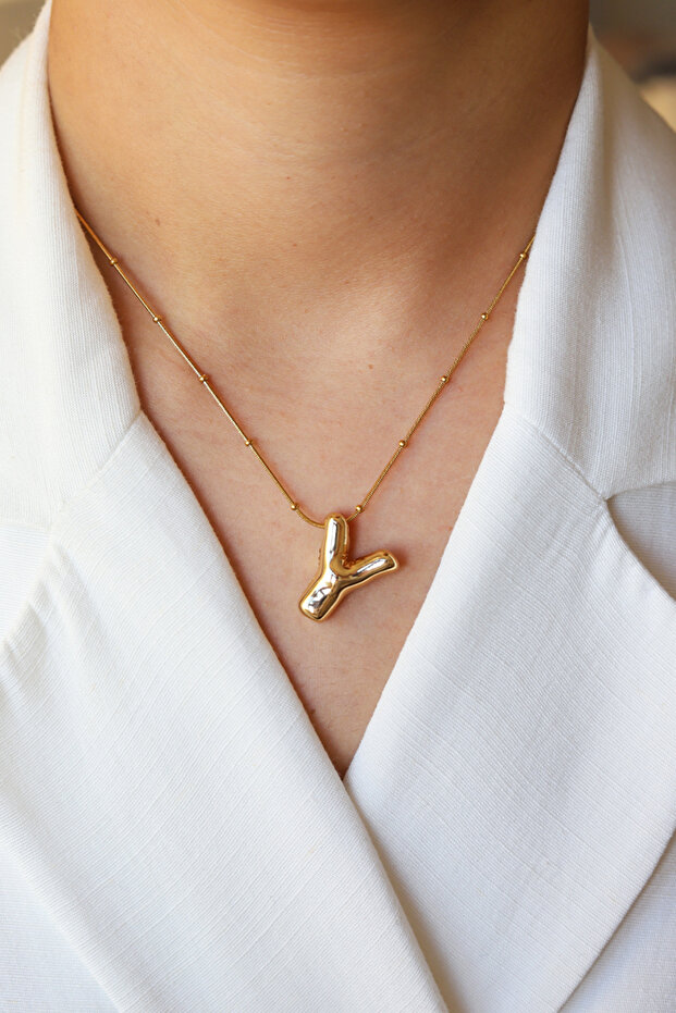 Harfli Balon Model Gold Çelik Kolye - 1