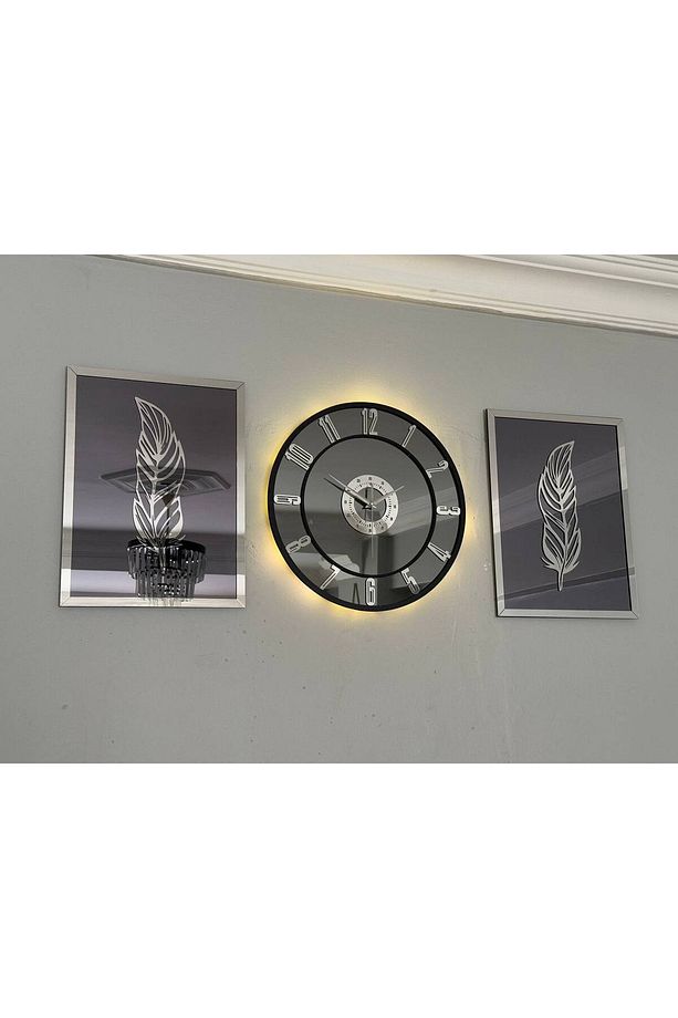 Aynalı ve 2'li Tüy Tablo ve Saat Seti, şık ve modern dekoratif ürün - 3