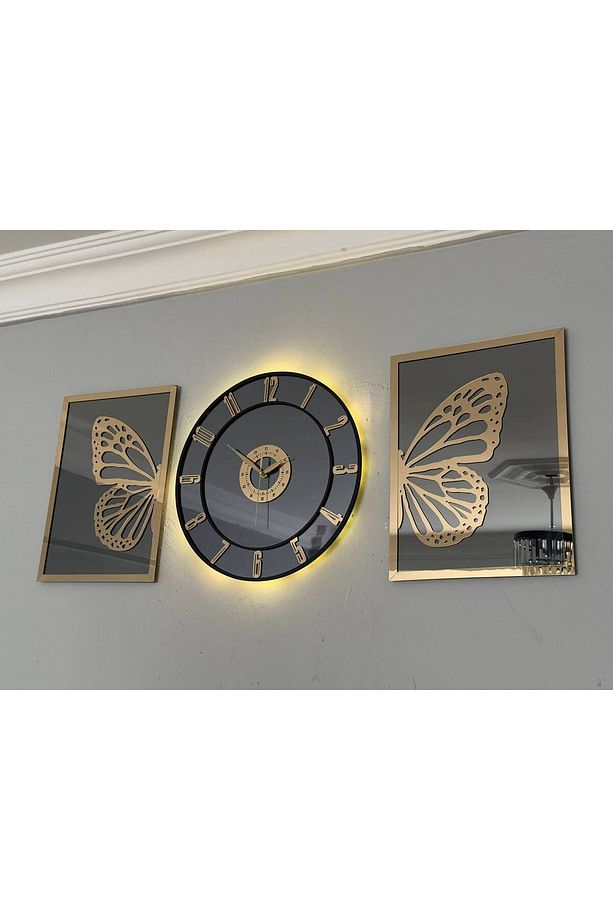 Aynalı Model 2 Li Kelebek Tablo Ve Saat Seti 40 - 1