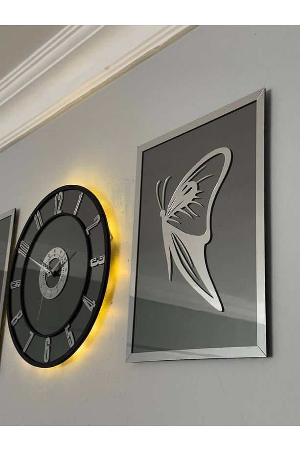 Aynalı Model 2 Li Kelebek Tablo Ve Saat Seti 40 - 7