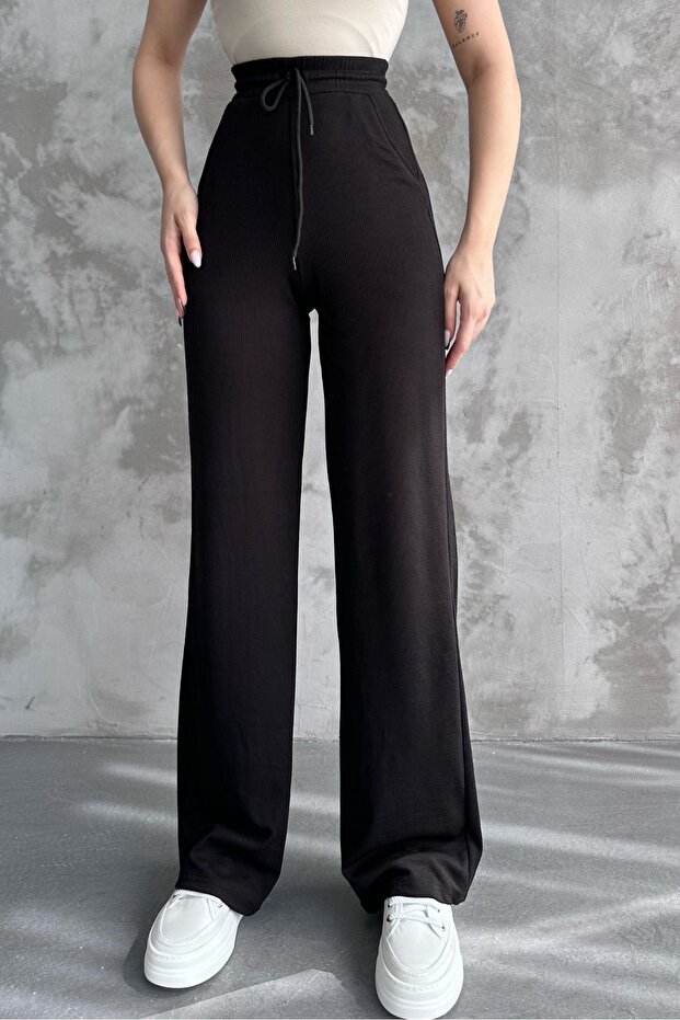 Women's New Season Wide-Leg Corded Fabric Transitional Trousers with Elastic Waist