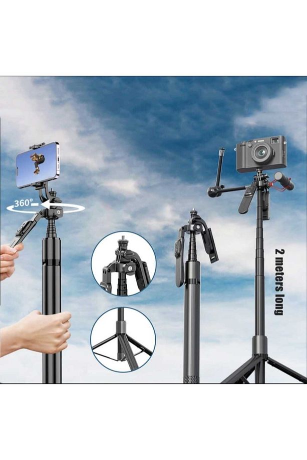 205 cm Profesyonel Selfie Çubuğu Bluetooth Kumandalı Taşınabilir 360° Dönen Sağlam Tripod - 3