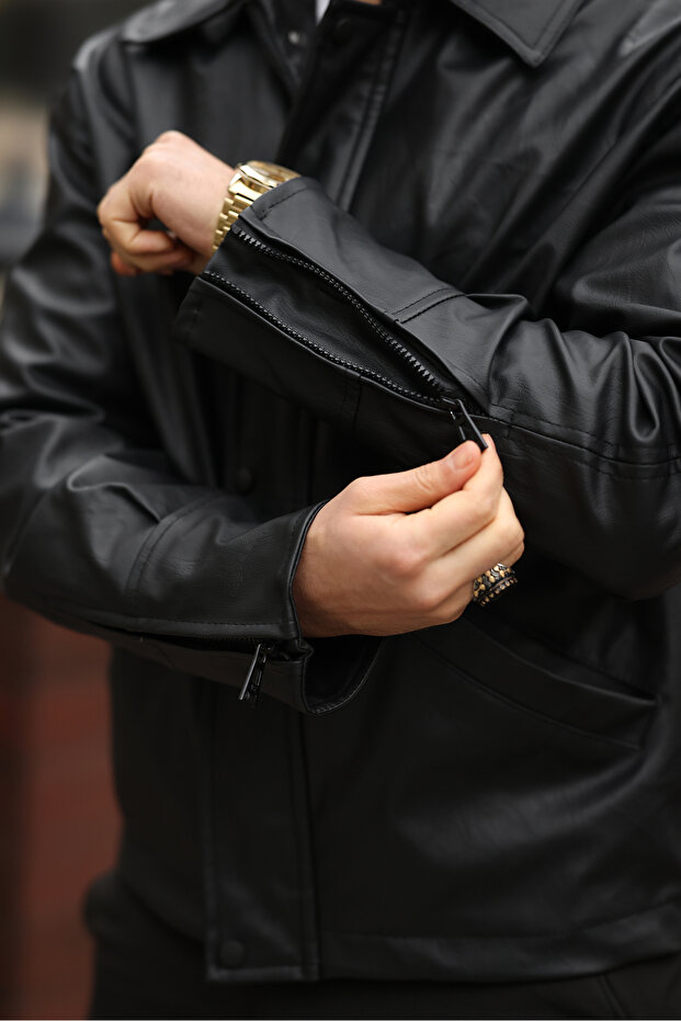 VİNTAGE RETRO CEP DETAY OVERSİZE BASİC DERİ CEKET - 5