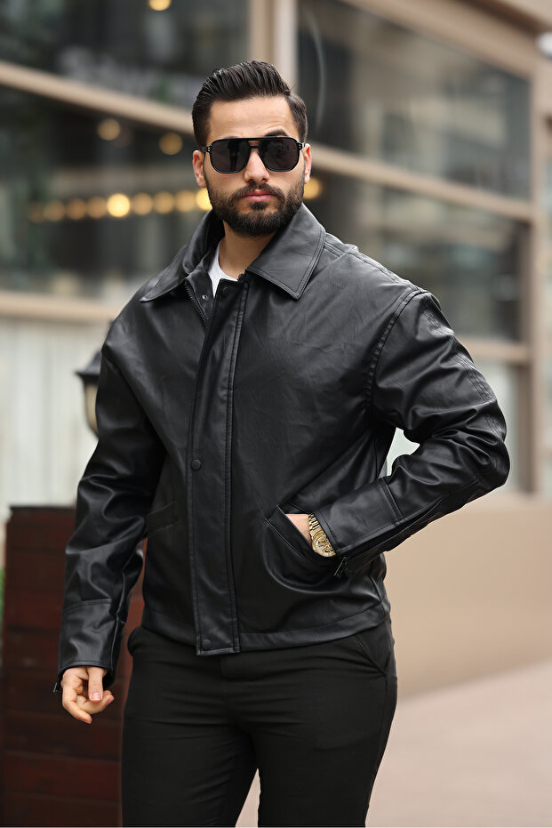 VİNTAGE RETRO CEP DETAY OVERSİZE BASİC DERİ CEKET - 4